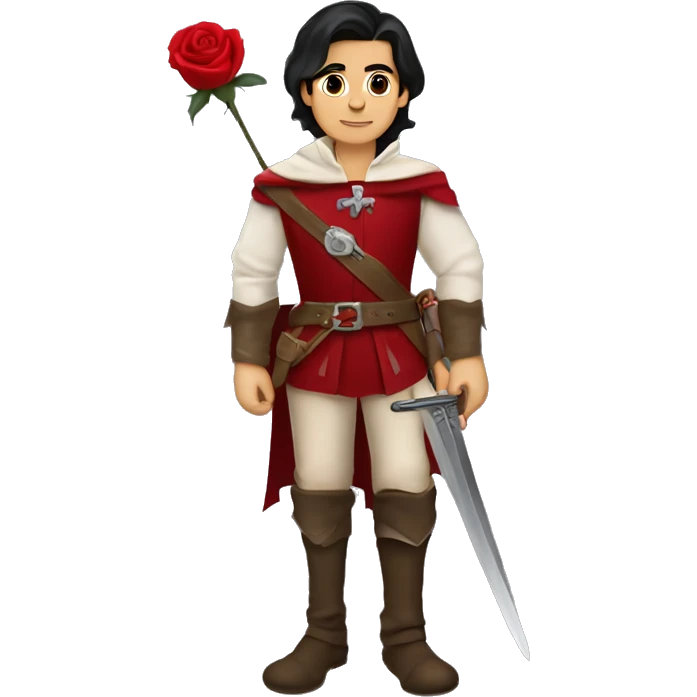 canela skin boy dark hair musketeer with red rose shoulder medieval cape and sword emoji