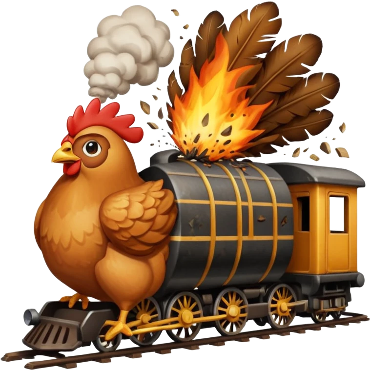 Chicken eating a train while exploding emoji