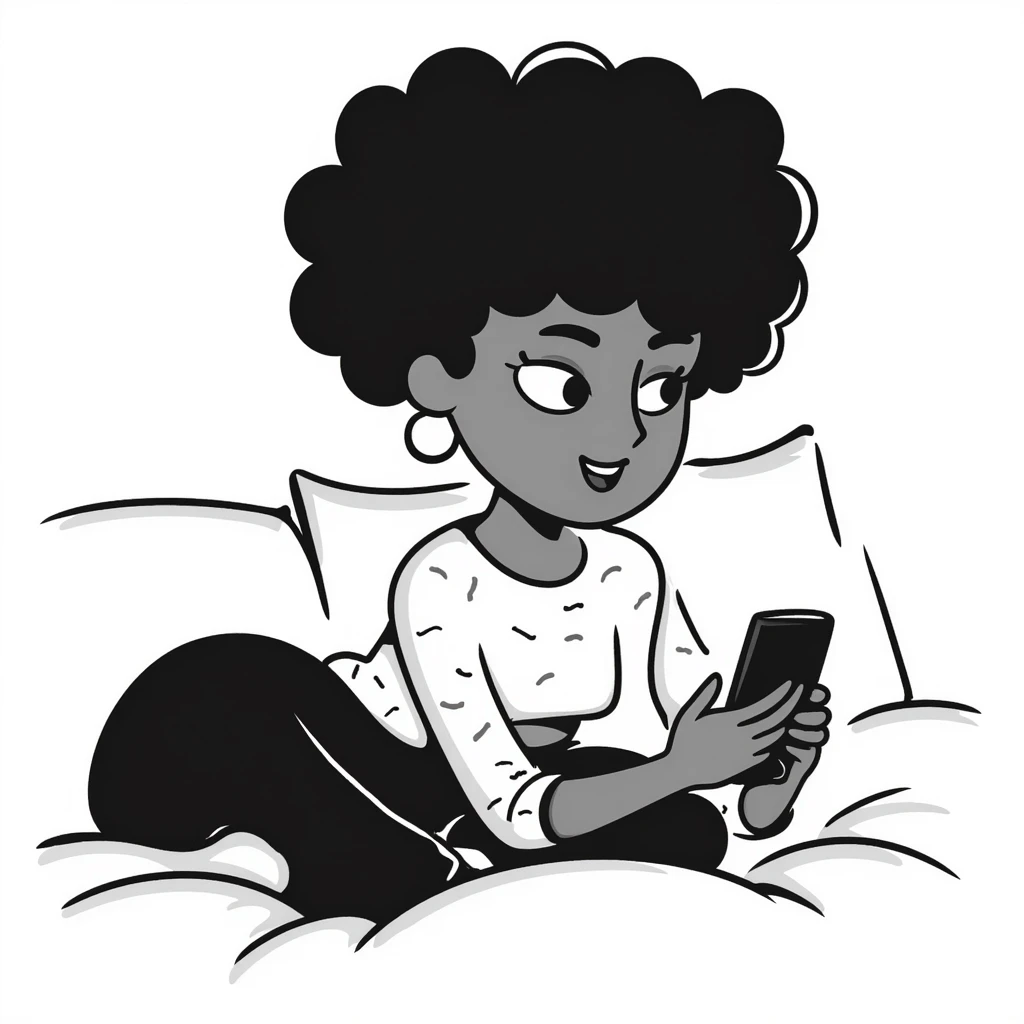 Brown-skinned teenage girl with curly black hair lying on bed looking at cellphone, heavy makeup, big lips, tight crop top, hoop earrings, choni style urban clothing emoji