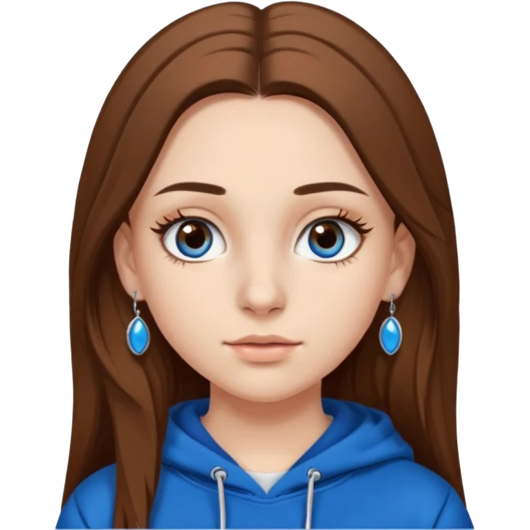 teen girl, white skin, long brown hair middle parted, brown eyes, blue hoodie eyelashes and earrings emoji