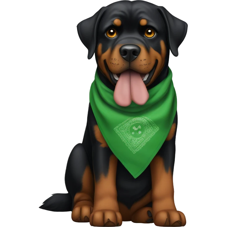 Rottweiler wearing green bandana with a tall skinny male owner that has long curly auburn hair wearing skinny jeans and a T shirt with an eyeball emoji
