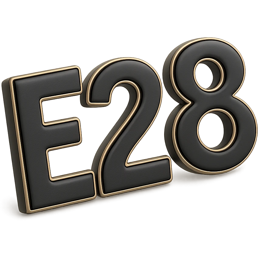3D chrome letter 'E28' with a glossy effect emoji