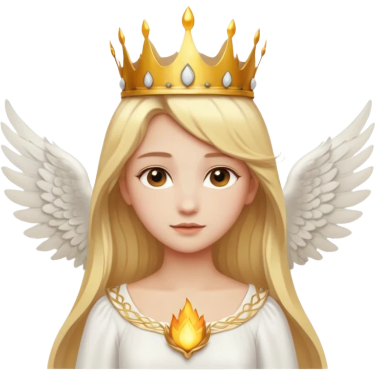 Emoji-style angel: blonde hair, golden flame-like crown, golden halo, large detailed white wings, white dress, soft cute emoji aesthetic. emoji