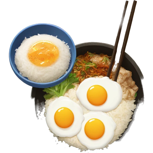 traditional korean dish with rice, one egg on top and salas  emoji