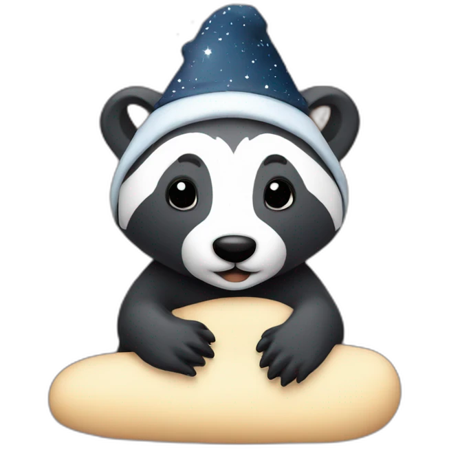 Badger with a nightcap on in a bed with sky full of stars emoji