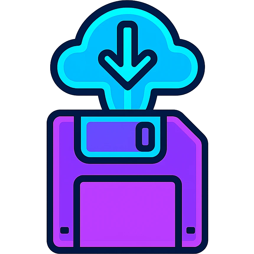 save icon (floppy disk or cloud with down arrow), futuristic holographic look, purple and cyan neon lines emoji