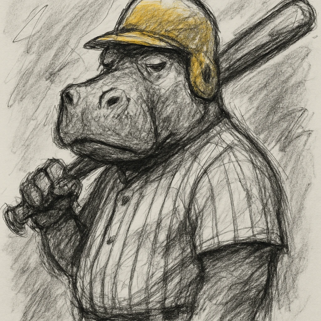 hippo holding a baseball bat, wearing a yellow helmet, pinstripes outfit emoji