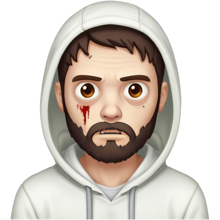 thinking zombie wearing white hoodie, with dark brown hair and short full beard emoji