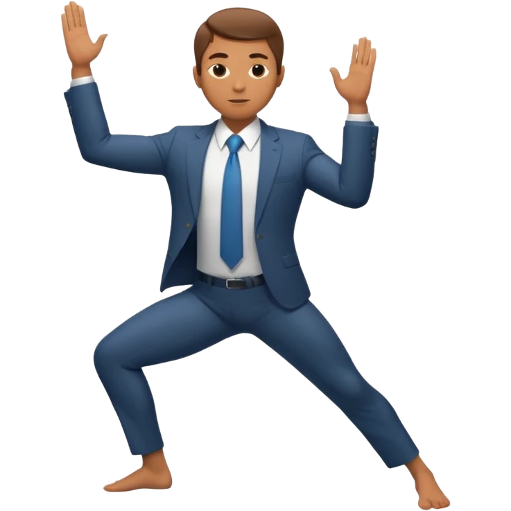 male professional in suit and tie holding Warrior II yoga pose emoji