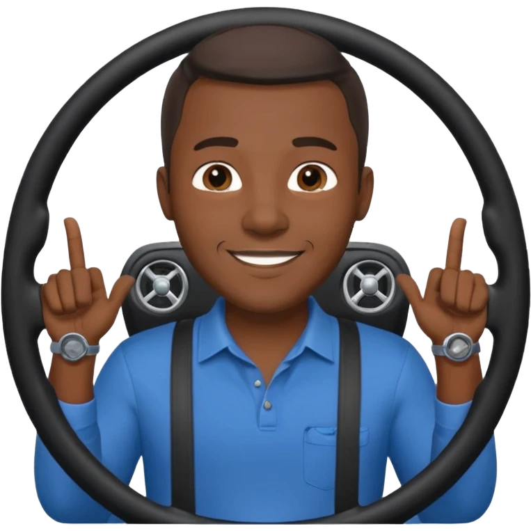 ["Black male driver, wearing a blue shirt, hands on steering wheel."] emoji