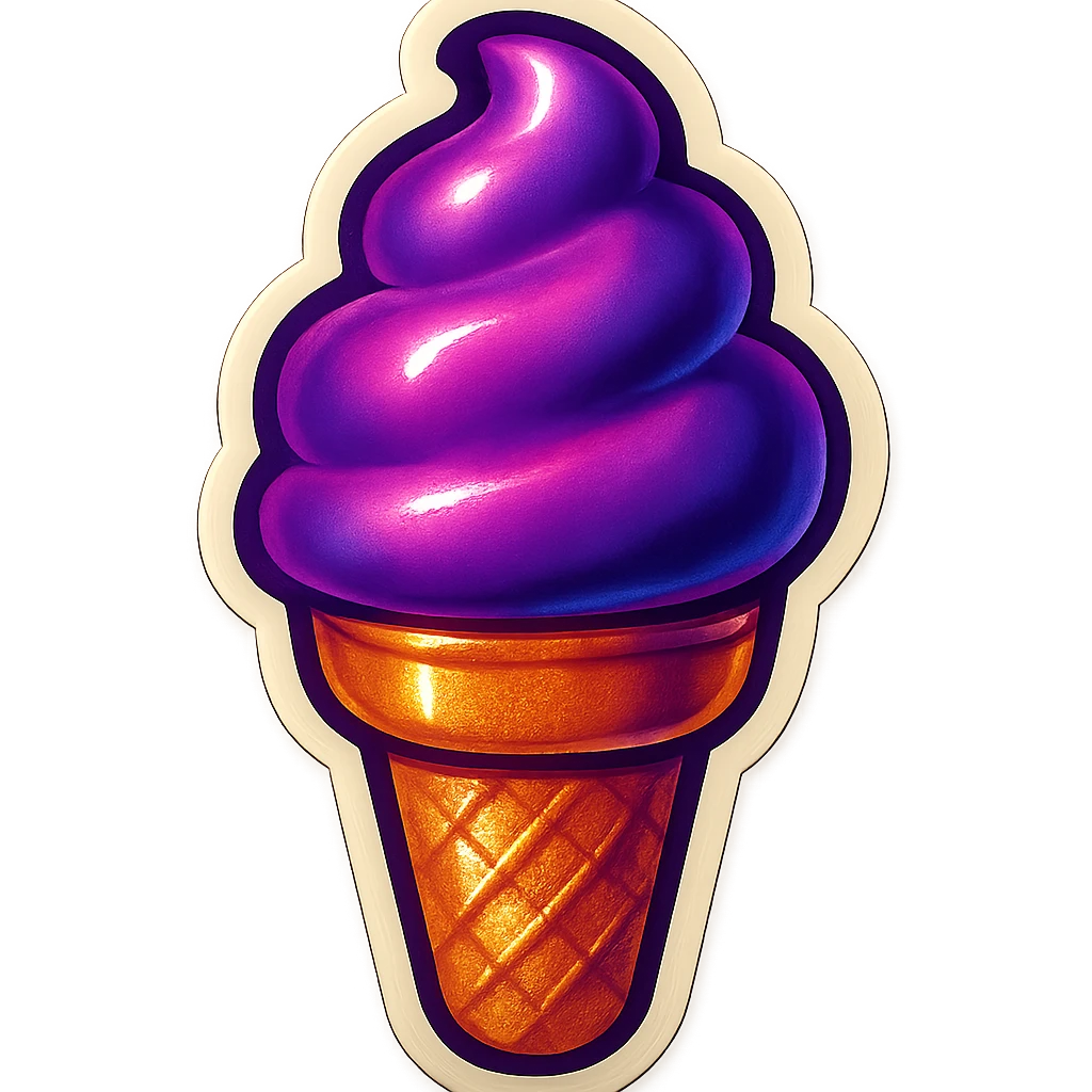 retro sticker of a purple ice cream cone, bold outlines, vintage sticker style emoji