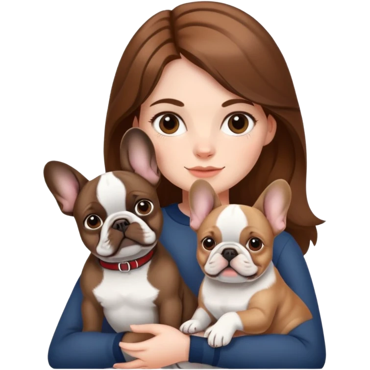 A brown haired girl holding two French bulldogs, one white and one black emoji