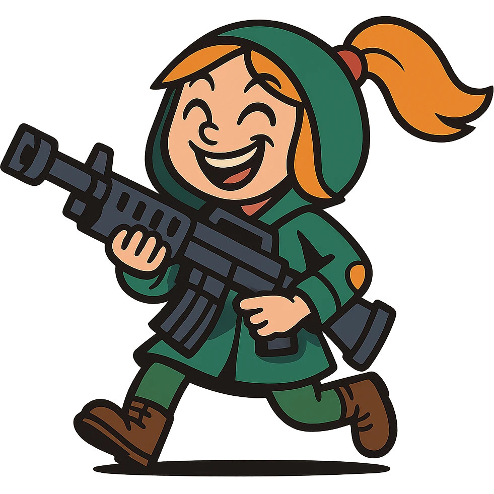 funny, positive stalker girl with a huge machine gun, smiling and energetic emoji