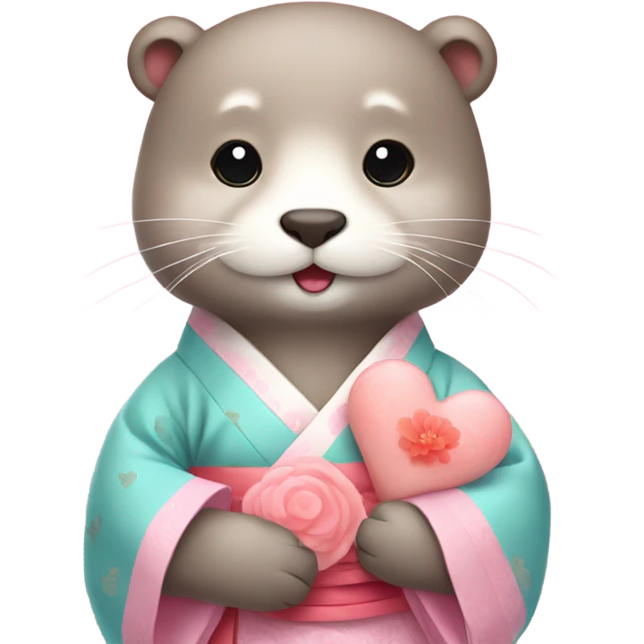 A cute and lovely otter dressed in pastel-colored traditional Korean hanbok, holding a coral-pink heart emoji