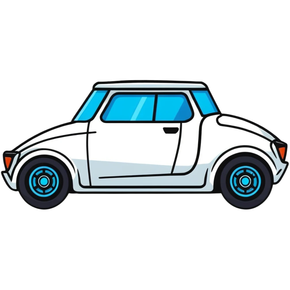 Futuristic retro hover car with angular design and glowing blue wheels, flat vector style, minimal color palette with blue highlights emoji