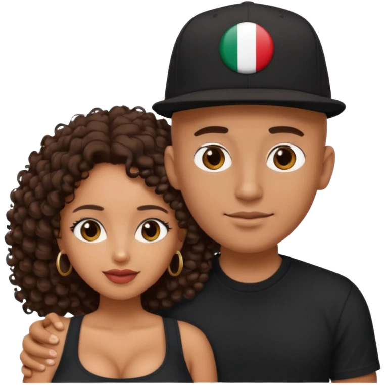 A picture of a tanned couple embracing. the guy is Mexican, with a bald hair cut and he has a SnapBack hat on. The girl is mixed, the girl is wearing a black shirt, the girl has brown curly big hair and the girl has big boobs  emoji