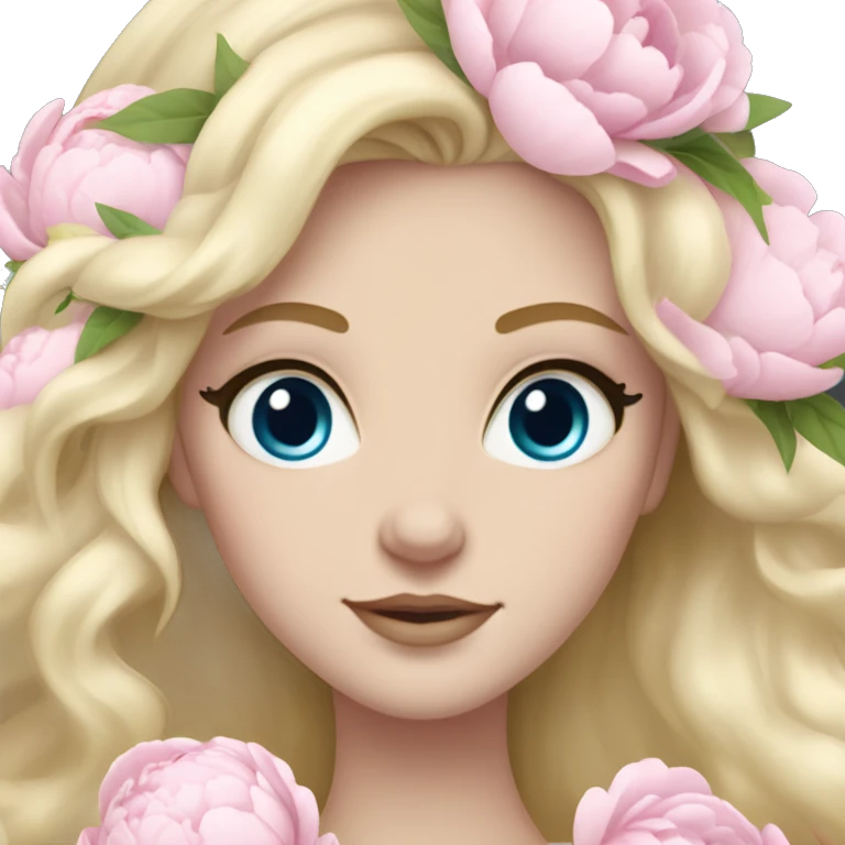White bride with long light blonde hair and blue eyes with light pink peonies in hair white skin  emoji