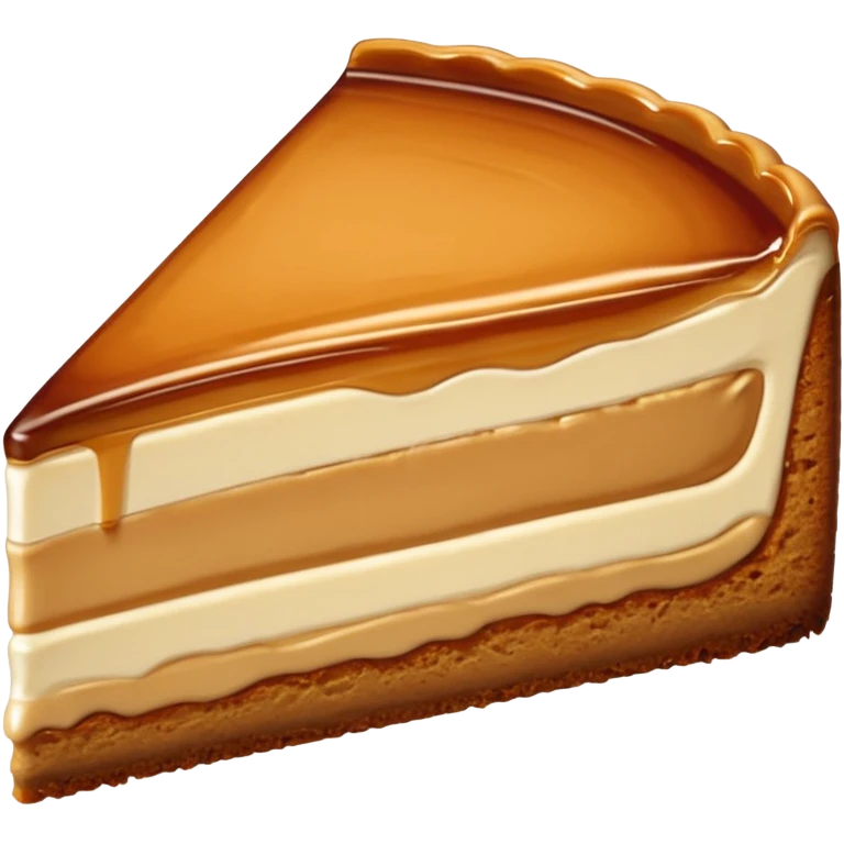 a slice of cheesecake. The base is made of light brown biscuit; the first layer of filling is caramelized dulce de leche, and the upper layer is creamy, light beige, and has a smooth texture. On top, there is a caramelized dulce de leche topping dripping down the center of the slice emoji
