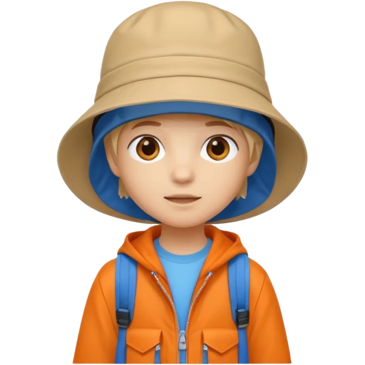 A little student with beige bucket hat, orange jacket, blue backpack emoji