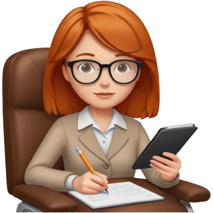 Русоволосая девушка - психолог сидит в кресле и делает запись на бланке emoji