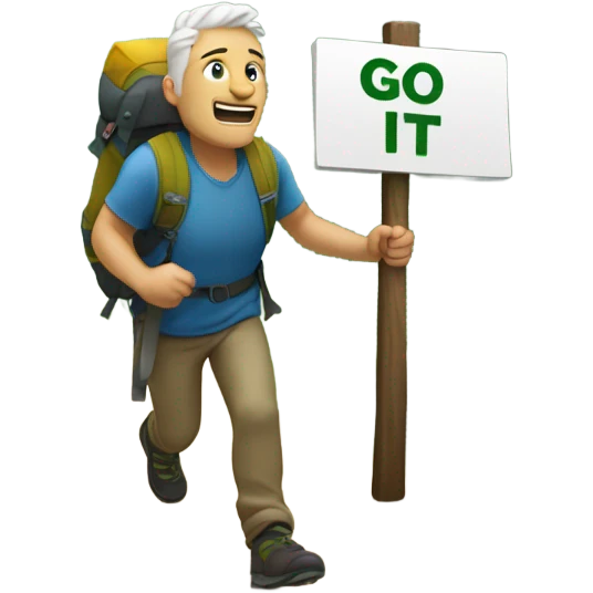 White man hiking mountain with sign that says “go for it!” emoji