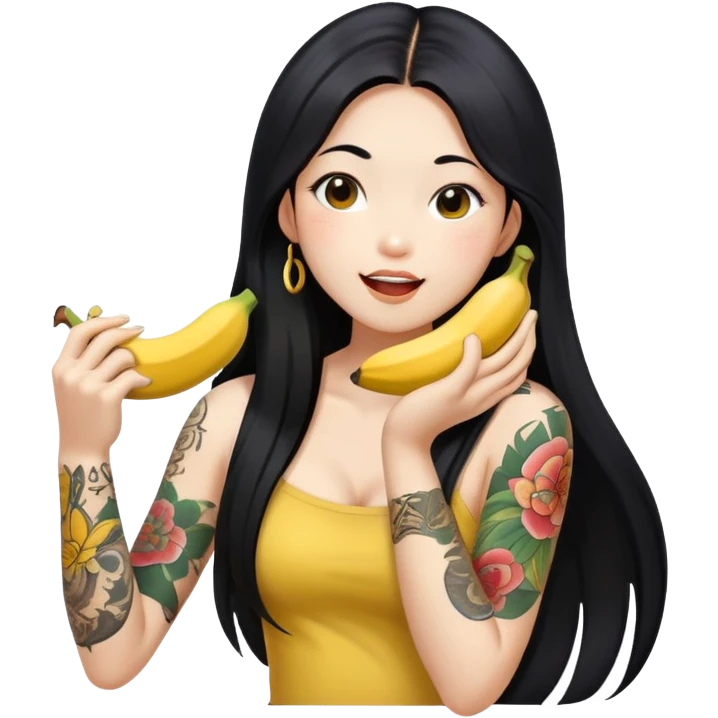 Beautiful Asian girl with long black hair and body tattoos eating a banana sfw emoji