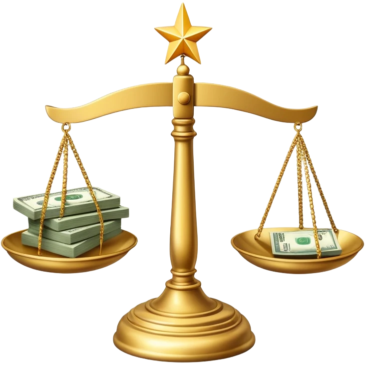 A balanced scale with dollar bills on the left side and three stars on the right side emoji