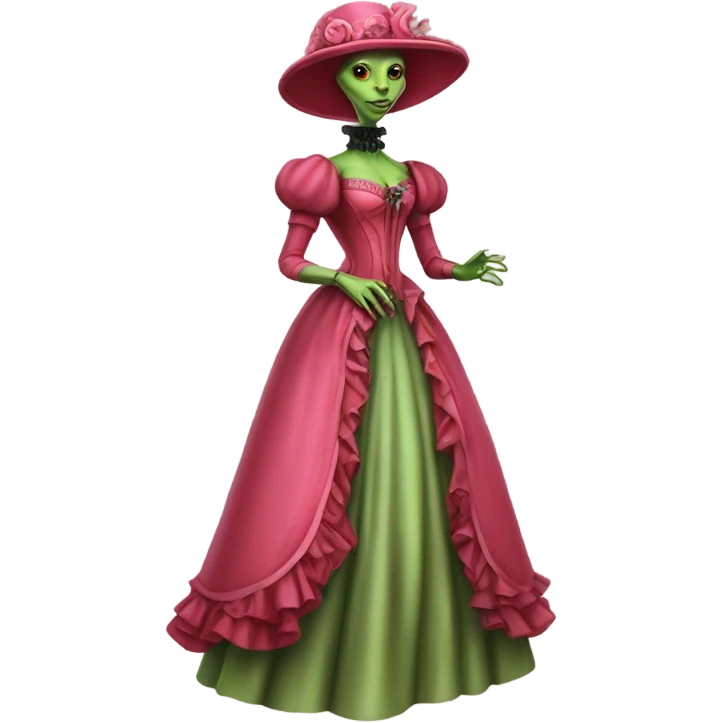 "green alien woman" galora in red pink Victorian dress elegant, full body emoji