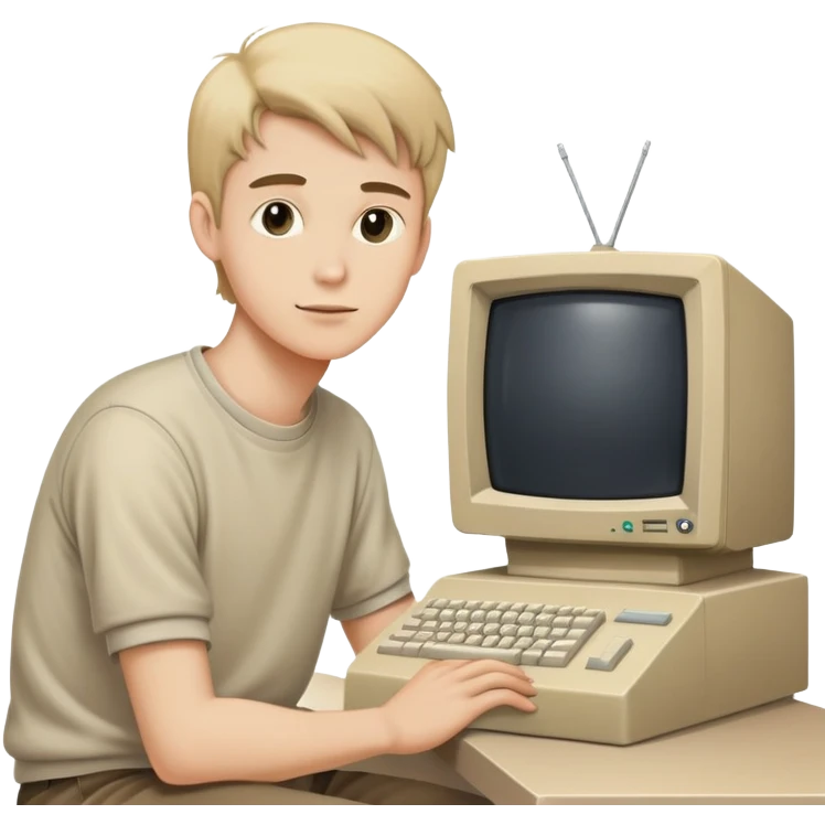 Young man sitting at a very old desktop computer from the 1990s with CRT monitor and beige tower emoji