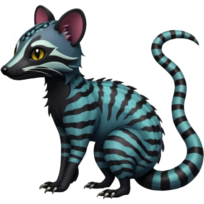 Rare warm-colored exotic edgy epic aesthetic gloomy spooky dark modern colorful cyber-Genet-Trico-Salandit-Civet-species-Fakemon-hybrid-creature, with beautiful intricate markings, full body emoji