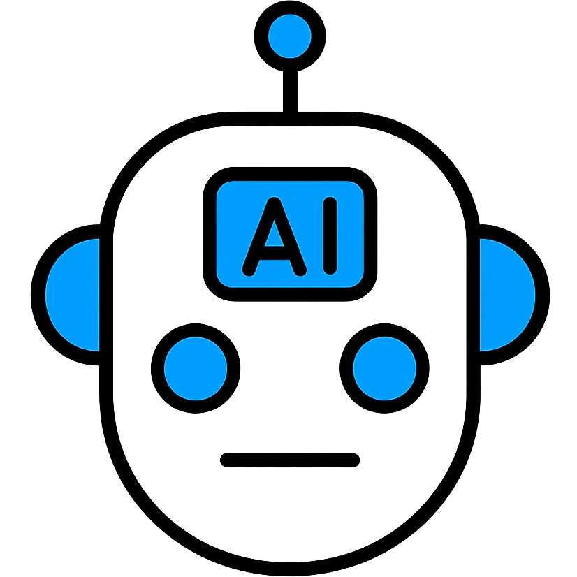 modern minimal AI robot head icon, white and blue colors emoji