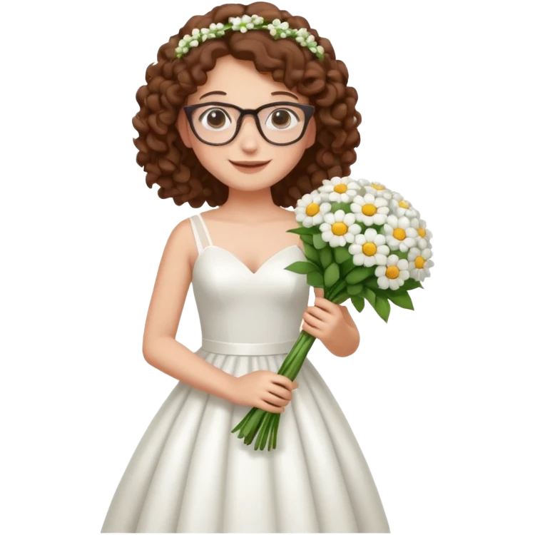 Chica blanca, pelo rizado y castaño,gafas, vestido novia, cuerpo entero, emoji