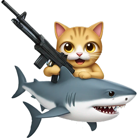 Cat holding a gun riding a shark emoji