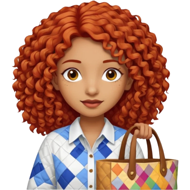 a pretty tan indian bratz girl with curly red hair, wearing an oversized patchwork white shirt, carrying a tote bag emoji