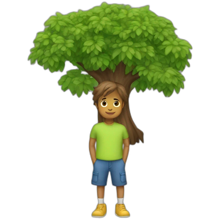 Un garçon aux cheveux long qui se cache derrière un arbre emoji
