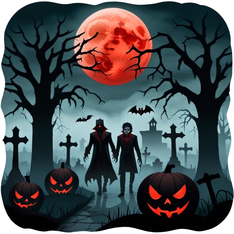 Icon for Horror Movies: A chilling collage with a monstrous werewolf or vampire, dark silhouettes, eerie graveyards, and creepy elements like spiders and tombstones. Ghostly fog surrounds, with a blood-red moon in the sky. The atmosphere is unsettling, eerie, and haunting. Transparent background. emoji