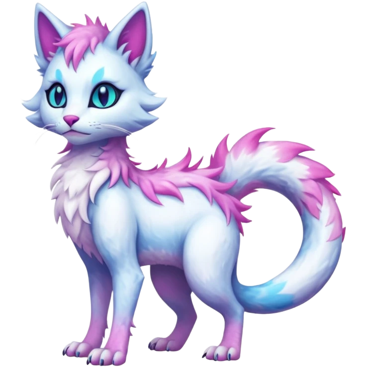 Kawaii white iridescent edgy fantasy feline-vernid-sergal-fursona animal creature with a tufted tail full body with intricate markings  emoji