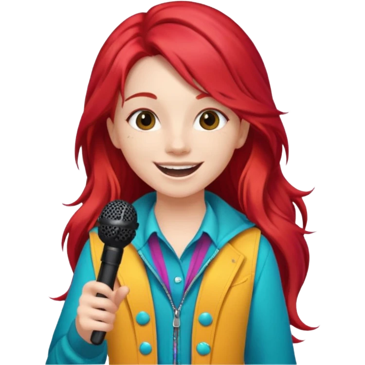 A red long hair cheerful teen singer with colorful outfit, singing with big smile with her microphone
 emoji