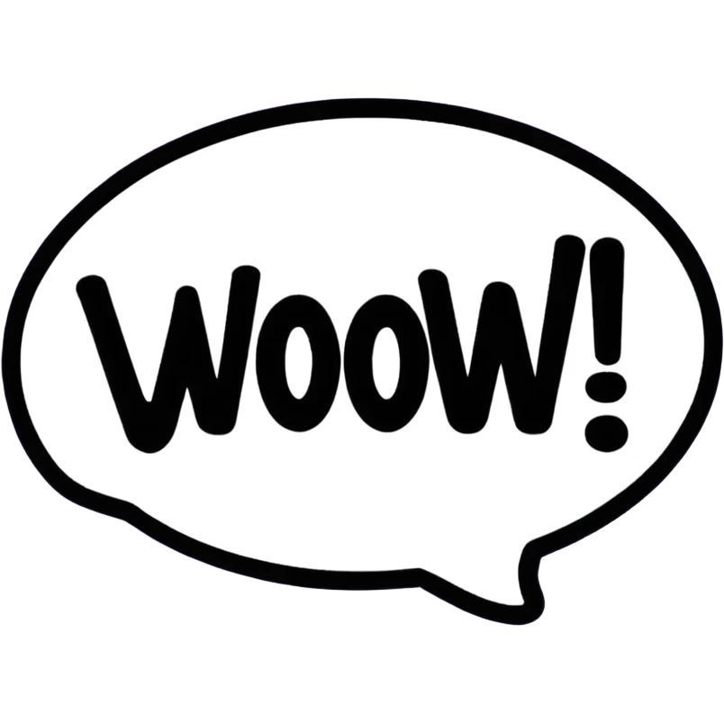 Purple bubble with white text saying "WOW!" emoji