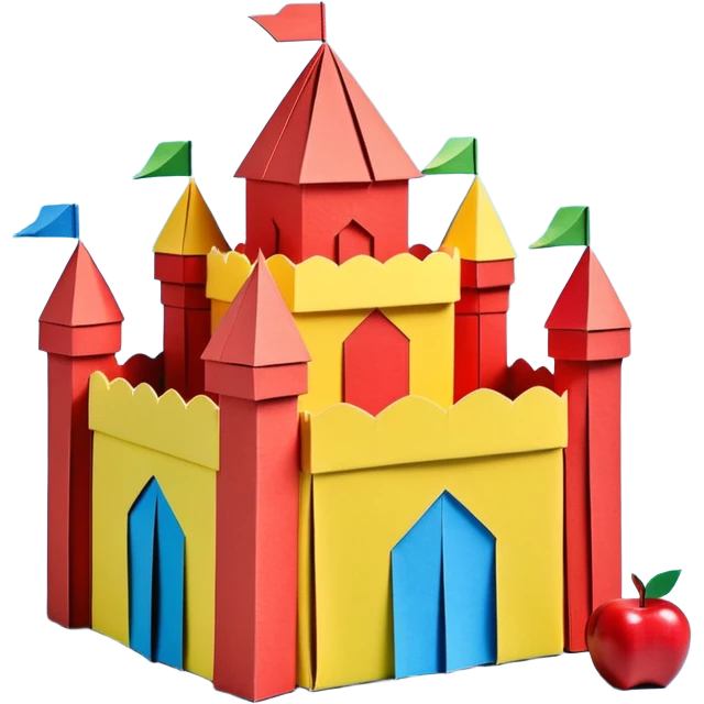 3D render of Cardboard Box Castle made entirely of folded origami paper, sharp creases, cardboard texture, matte finish, visible paper grain, craft aesthetic, Apple emoji style, isolated on white background --v 6.0 emoji