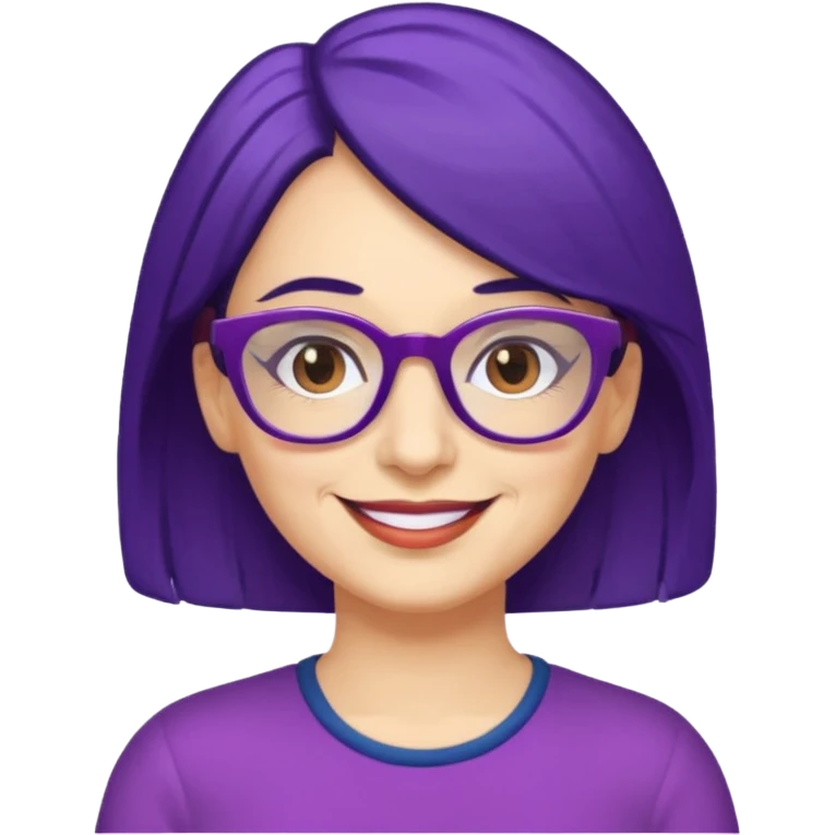 Cartoon 50-year-old youthful woman with purple glasses, brown eyes, and dark blue (not purple) hair to her shoulders. emoji