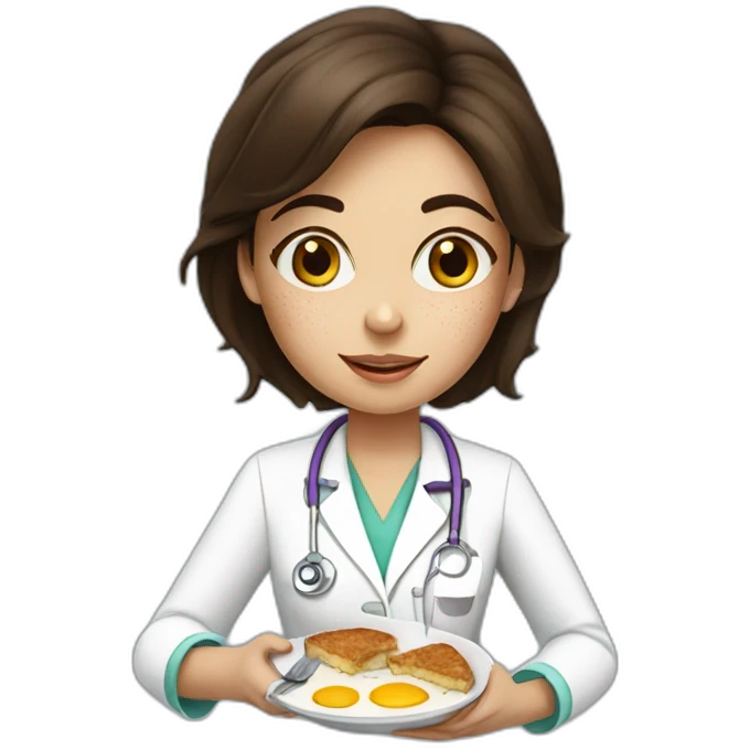 Brunette Doctor Girl with freckles eating breakfast emoji