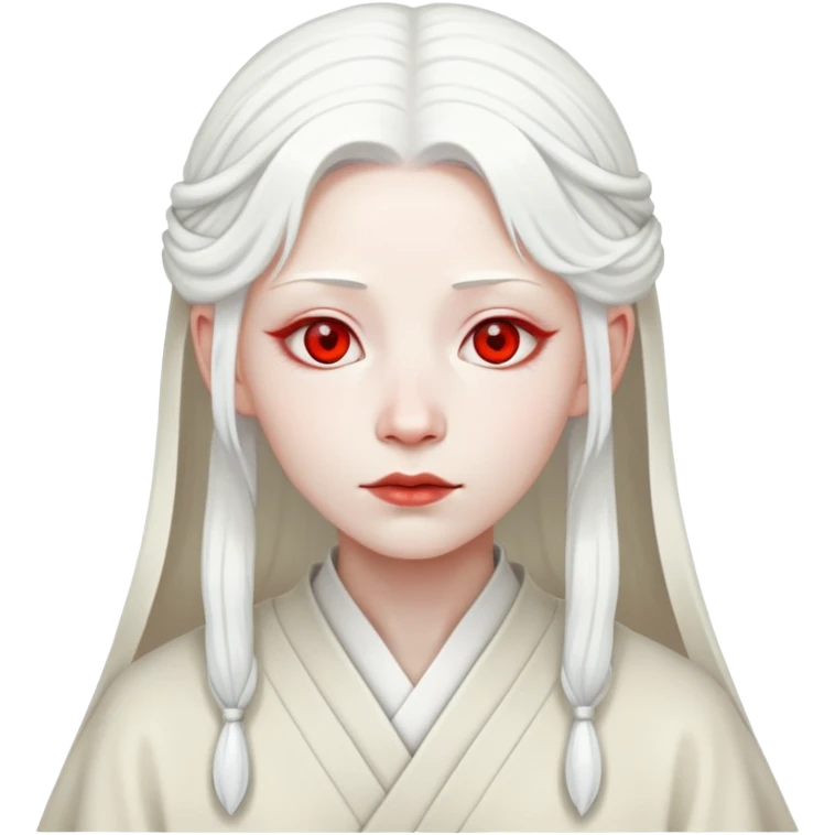 forty year old albino shrine maiden with white hair, red eyes, and pale face emoji