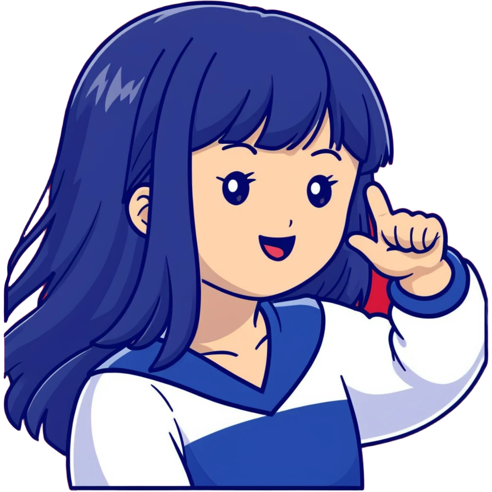 East Asian woman with long black straight hair and bangs wearing navy and white Doosan Bears team colors, cheering emoji