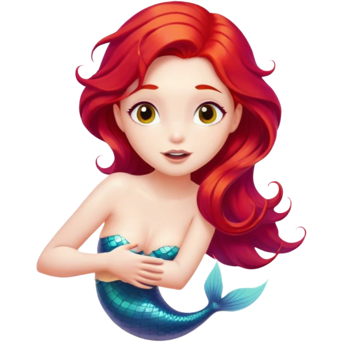 Cinematic Realistic Red Hair Mermaid Portrait, head tilted playfully and inquisitively, showcasing an ethereal form with finely detailed, flowing red hair against luminous porcelain skin. Her bright, curious eyes sparkle like hidden gems beneath the gentle caress of underwater light, rendered with lifelike clarity and warm, filtered illumination—capturing the essence of a spirited mermaid ready to splash playfully into your imagination. emoji