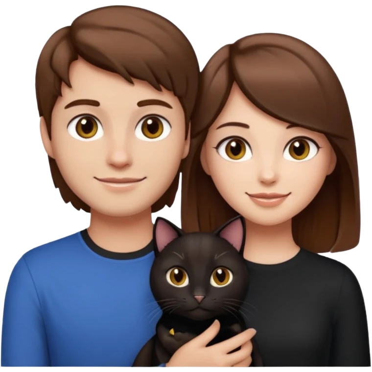 pretty girl with brown hair and makeup holding a black cat standing next to her boyfriend with light skin and brown hair, emoji style emoji
