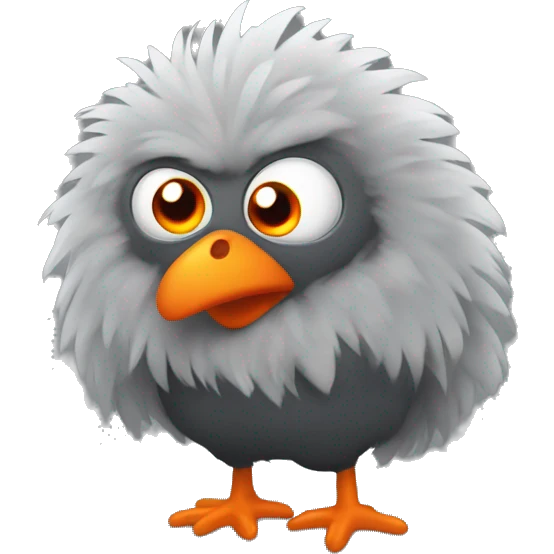 One grey fluffy ninja chicken with orange eyes emoji