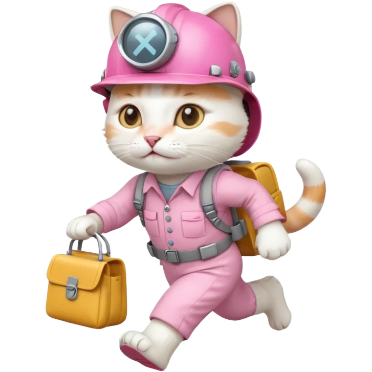 A cute white and pink cat dressed as engineer with a  a white helmet running fast carrying her cute  bag emoji