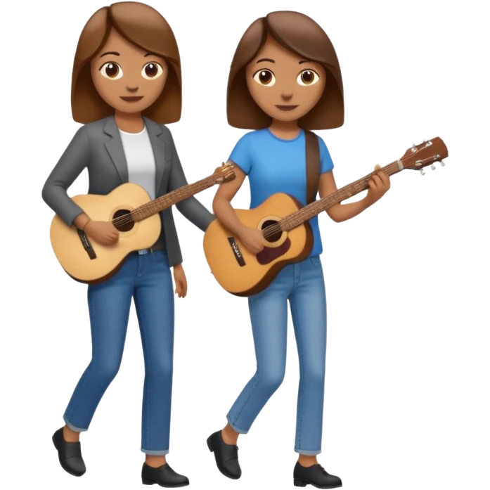 based on emoji style, two people walking together. one is brown-haired woman, wearing business casual, holding a guitar. Another one is a non-binary person, wearing t shirt and jeans, and the second person doesn't have anything on their hands. emoji