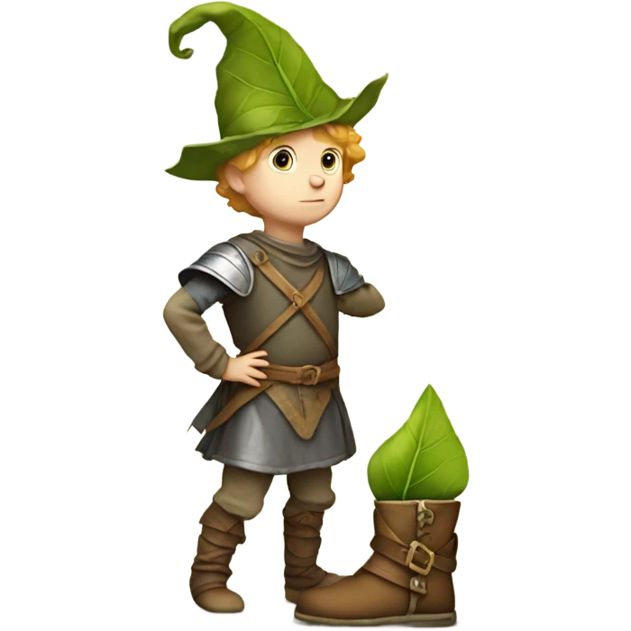 Medieval little whimsical little boy who is pale and he has a leaf hat and is about to get stepped on by a giant boot emoji